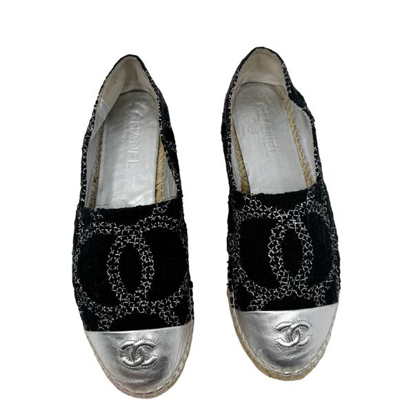 Chanel Black Tweed CC Espadrilles with Silver Cap Toe Jute Sole Flats Size 40 - Picture 3 of 10